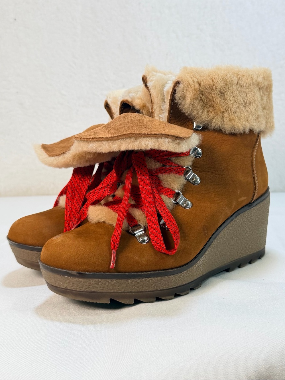 J Crew Womens Size 8 Brown Suede Faux Fur Wedge Hiking Boots Apres Ski Winter